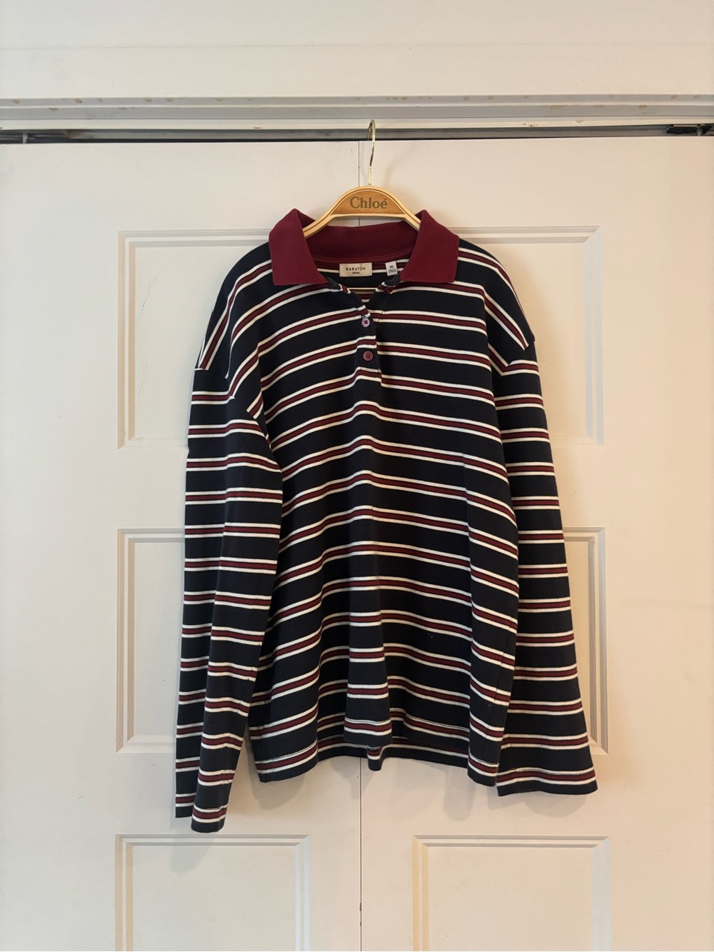 Aritzia Striped Rugby Polo in Navy and Burgundy